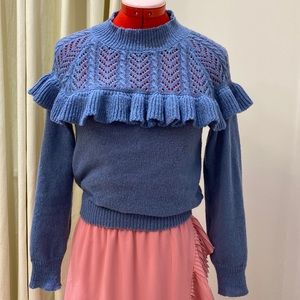 Ruffled Sweater, Blue, Crochet Top, Ruffles, Fitted, Women's (US S)